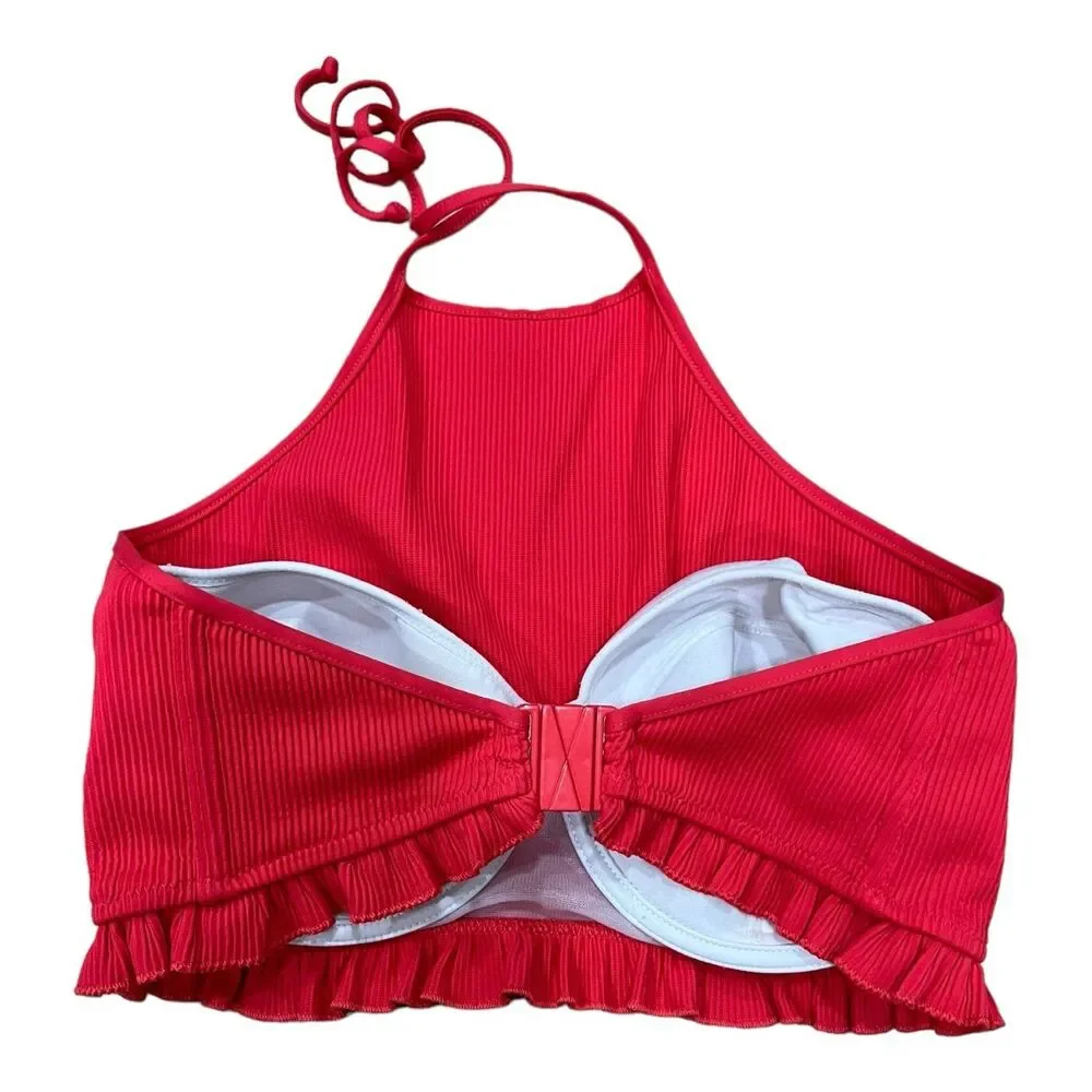 Freya Red Ribbed High Neck Ruffle Bikini Top - Picture 4 of 5